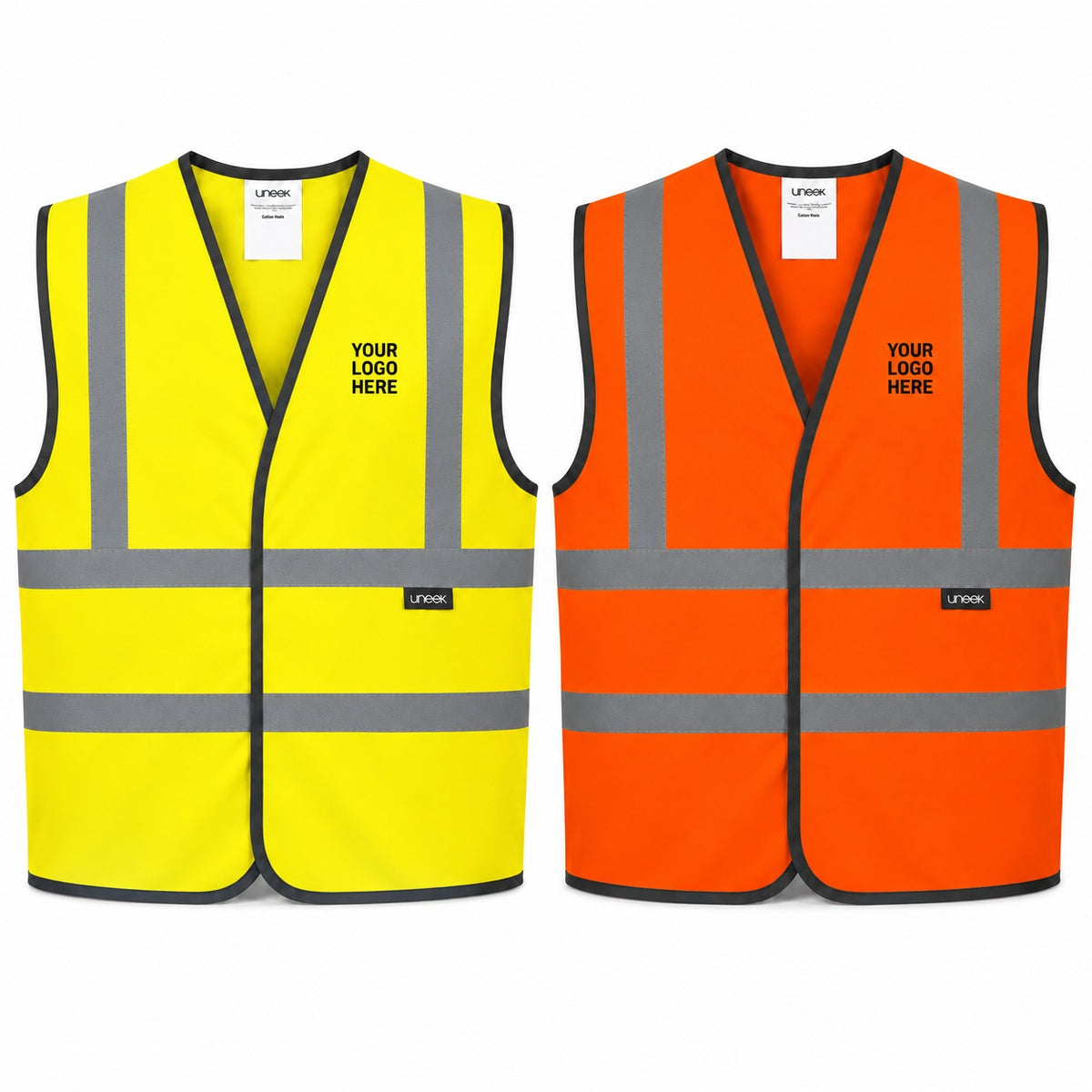 Yellow and orange Uneek UC806 children’s waistcoat with Your Logo Here on the left chest. Personalised workwear mockup.