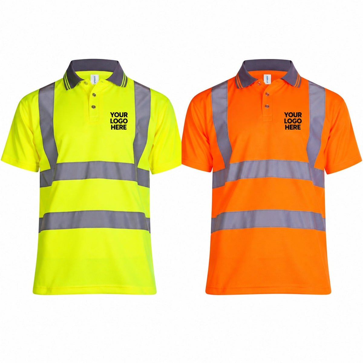 Yellow and orange Uneek UC808 polo shirt with Your Logo Here on the left chest. Personalised workwear mockup.