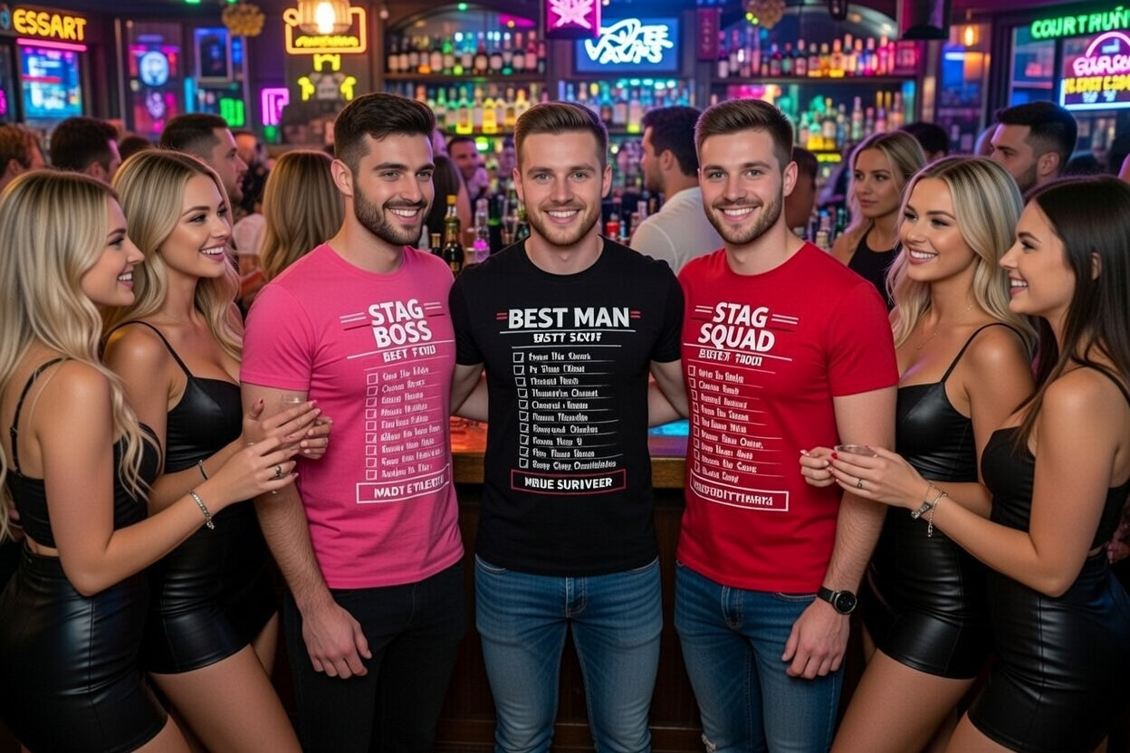 3 men from a stag party standing in a Benidorm bar surrounded by girls
