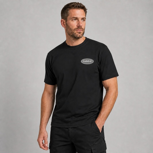 ScaffeD-uP black scaffolding work T-shirt with left-chest logo – custom printed workwear by maxeD-uP