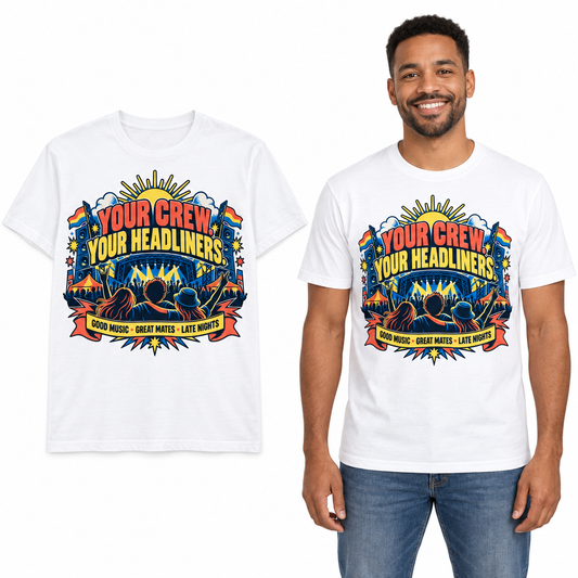 Your Crew. Your Headliners. front print on a White T-shirt, flat view and model.