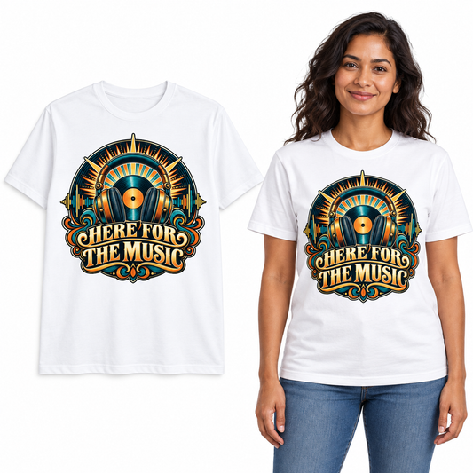 Here for the Music front print on a White T-shirt, flat view and model.