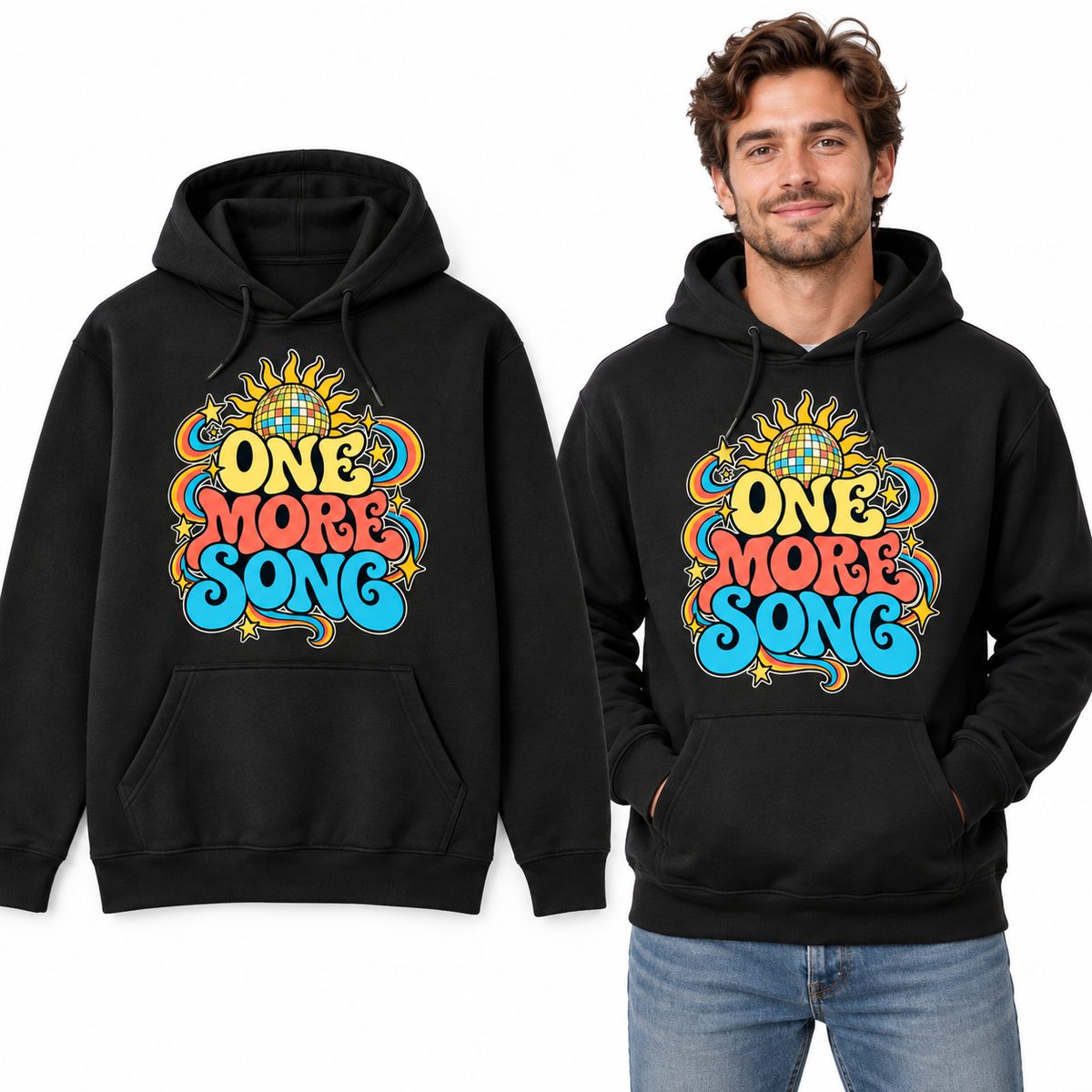 One More Song front print on a Black pullover hoodie, flat view and model.