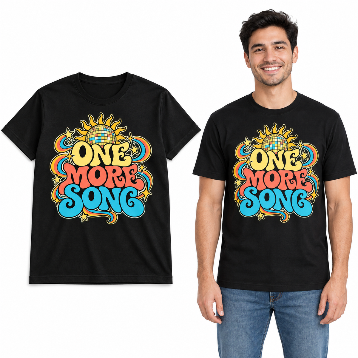 One More Song front print on a Black T-shirt, flat view and model.