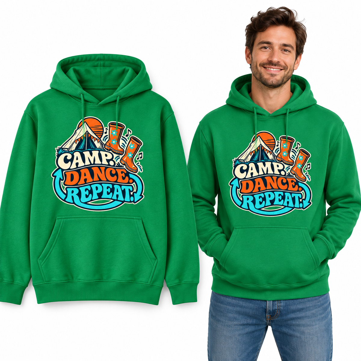 Camp. Dance. Repeat. front print on a Kelly Green pullover hoodie, flat view and model.