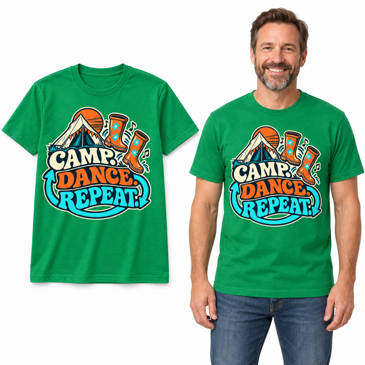 Camp. Dance. Repeat. front print on a Kelly Green T-shirt, flat view and model.
