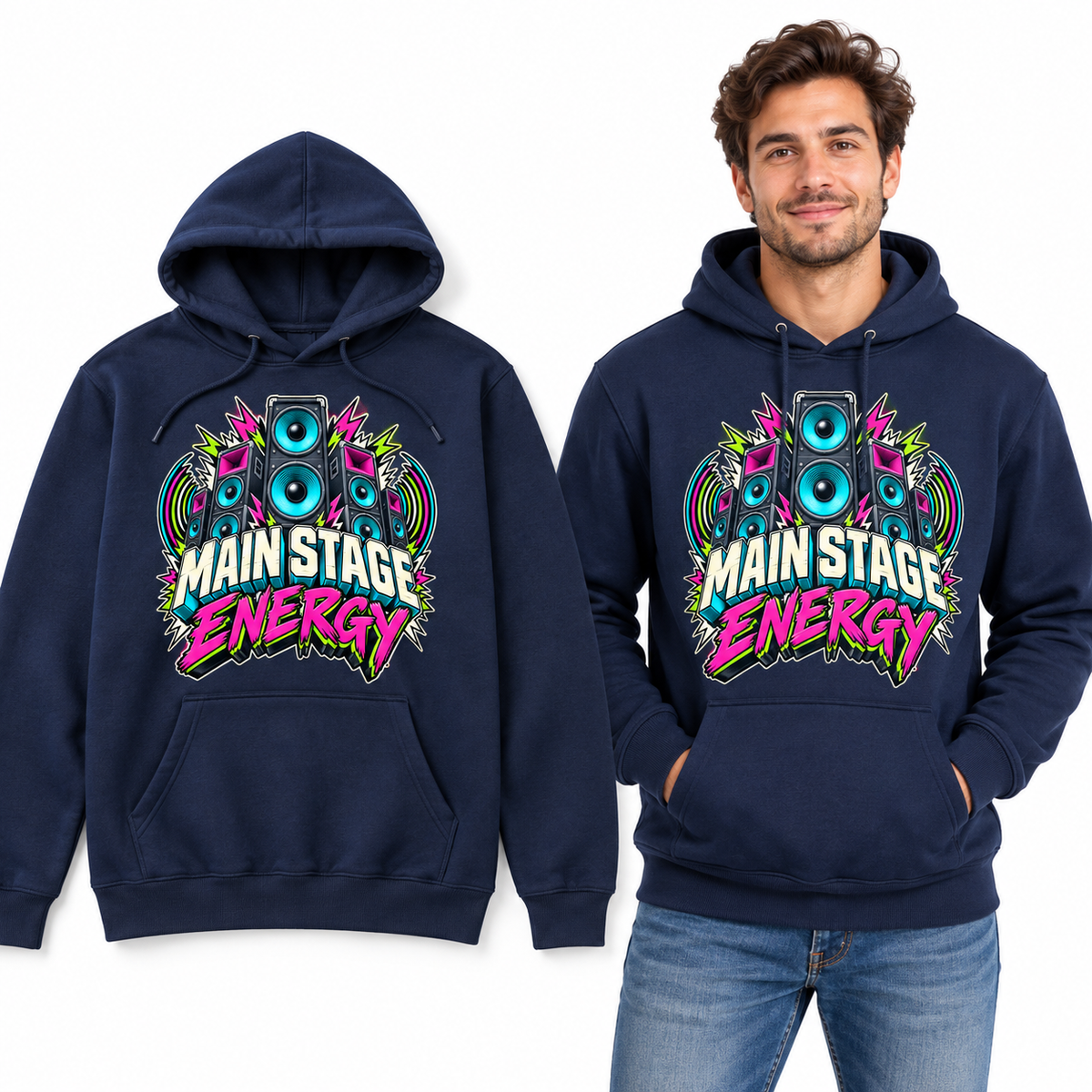 Main Stage Energy front print on a Navy pullover hoodie, flat view and model.
