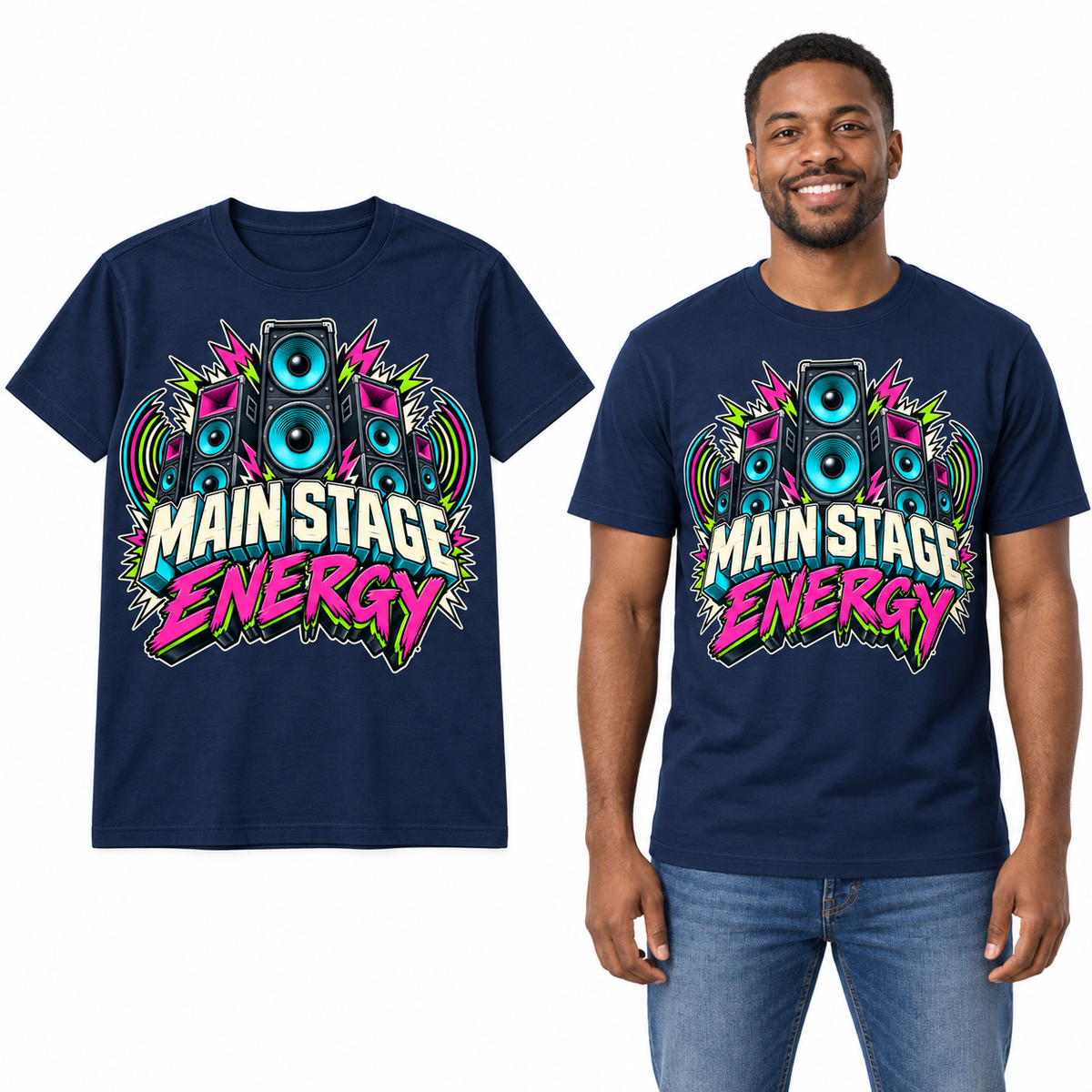 Main Stage Energy front print on a Navy T-shirt, flat view and model.