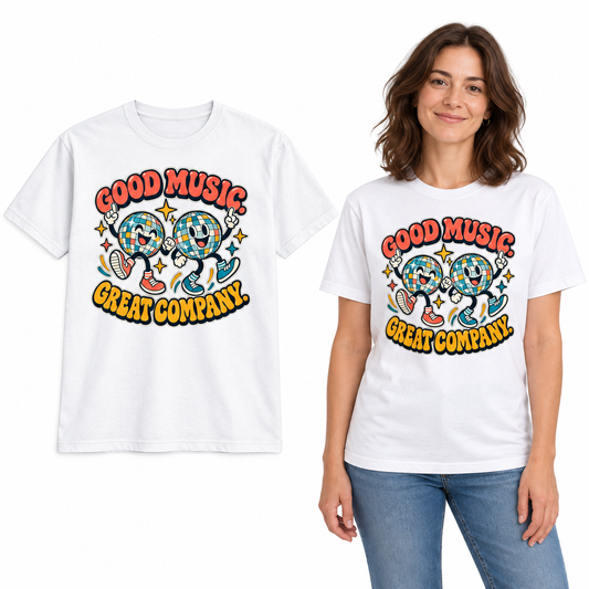 Good Music. Great Company. front print on a White T-shirt, flat view and model.
