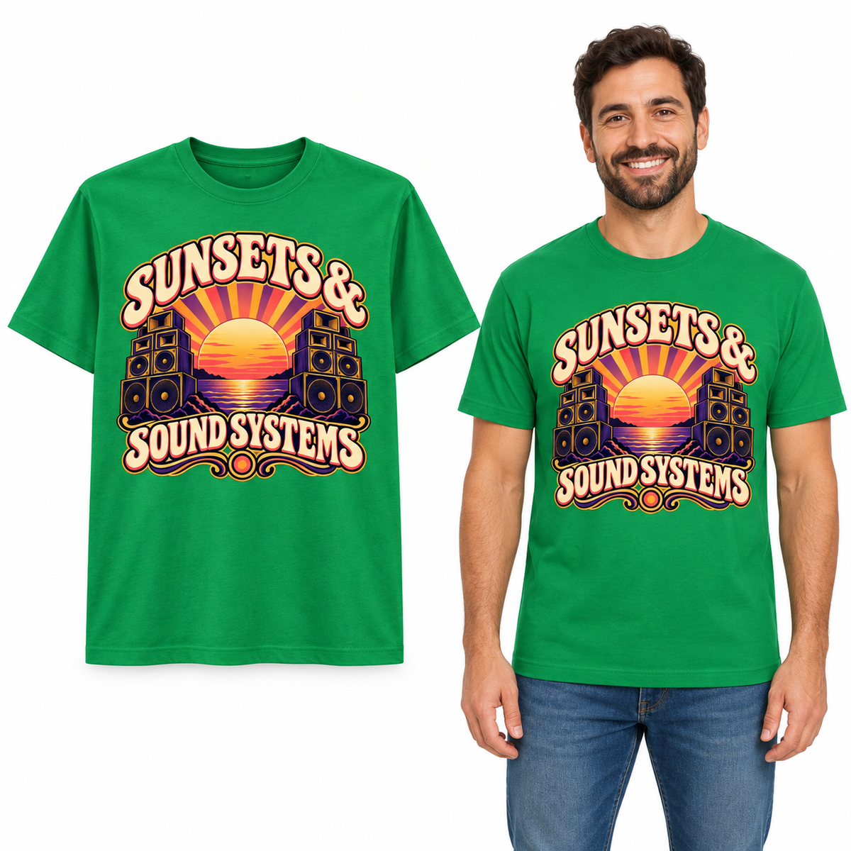 Sunsets & Sound Systems front print on a Kelly Green T-shirt, flat view and model.