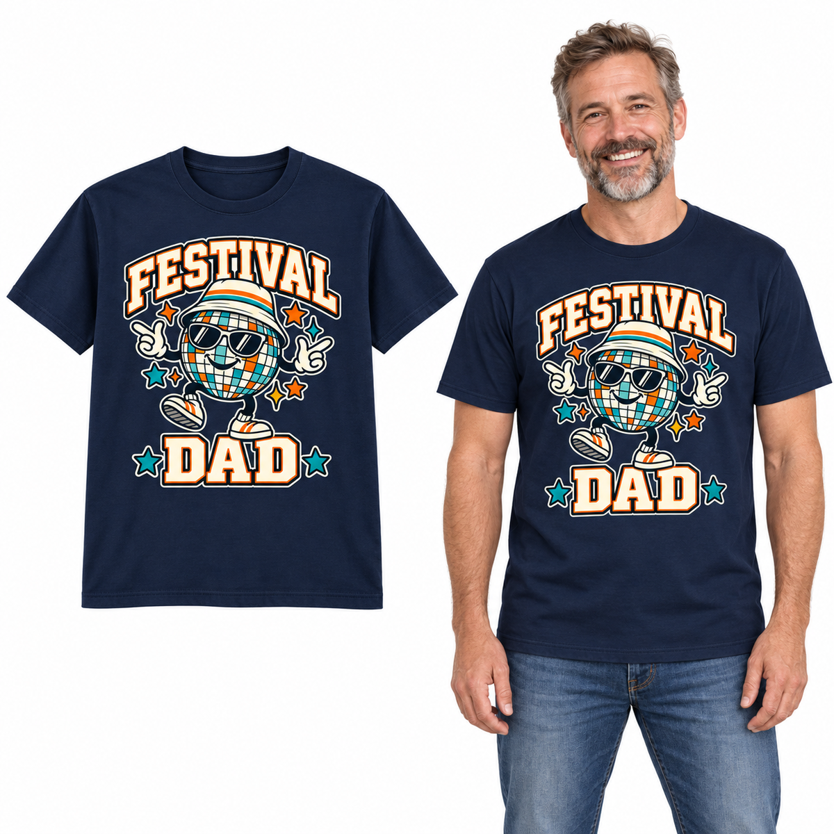 Festival Dad front print on a Navy T-shirt, flat view and model.