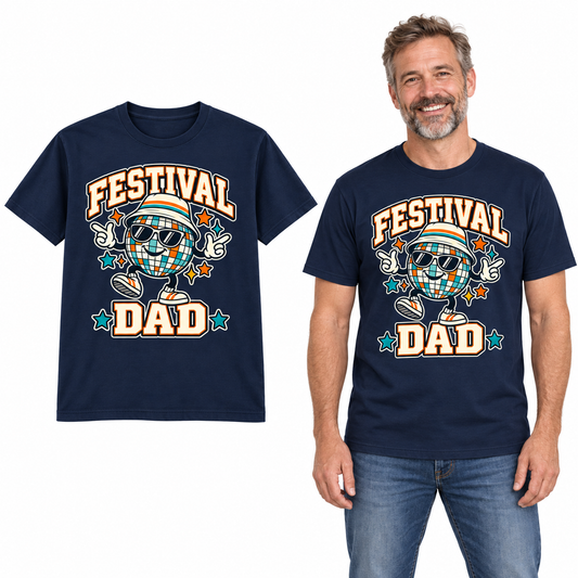 Festival Dad front print on a Navy T-shirt, flat view and model.