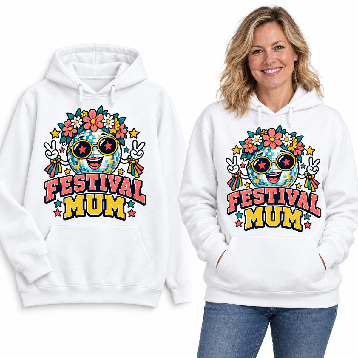 Festival Mum front print on a White pullover hoodie, flat view and model.