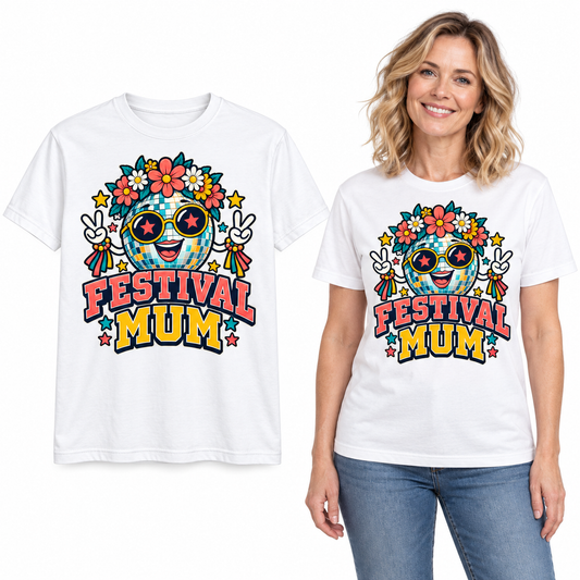 Festival Mum front print on a White T-shirt, flat view and model.