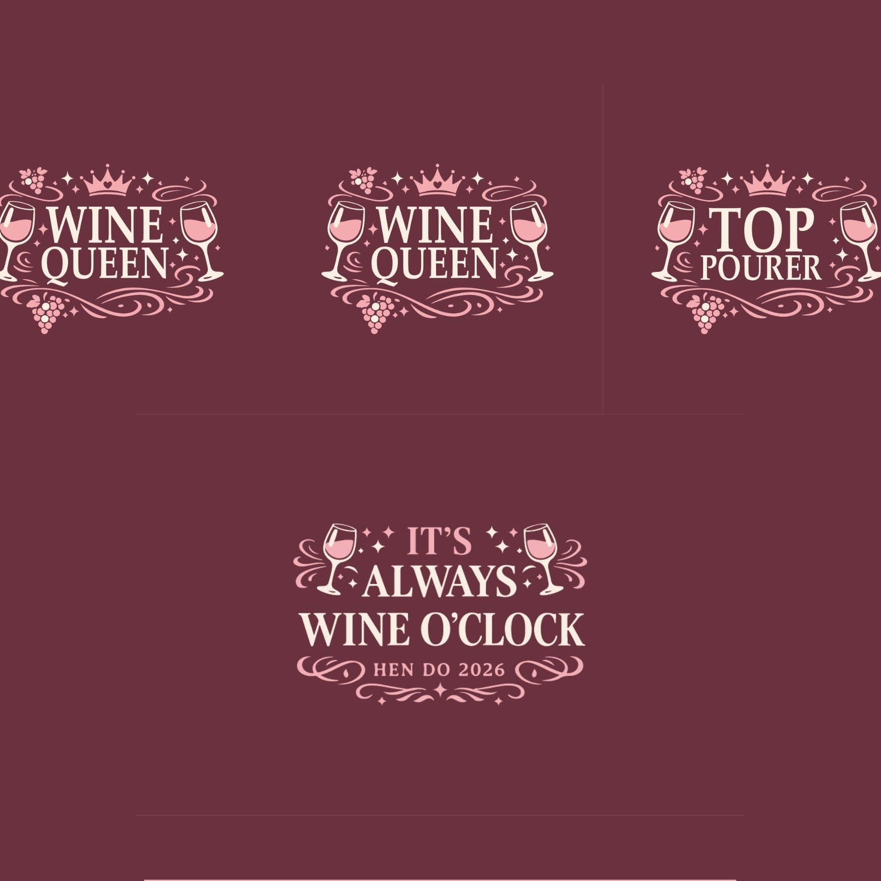 Set of wine-themed designs with text on a maroon background for hen party t-shirts