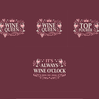 Set of wine-themed designs with text on a maroon background for hen party t-shirts