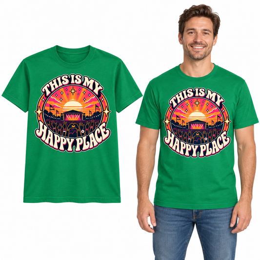 This Is My Happy Place front print on a Kelly Green T-shirt, flat view and model.