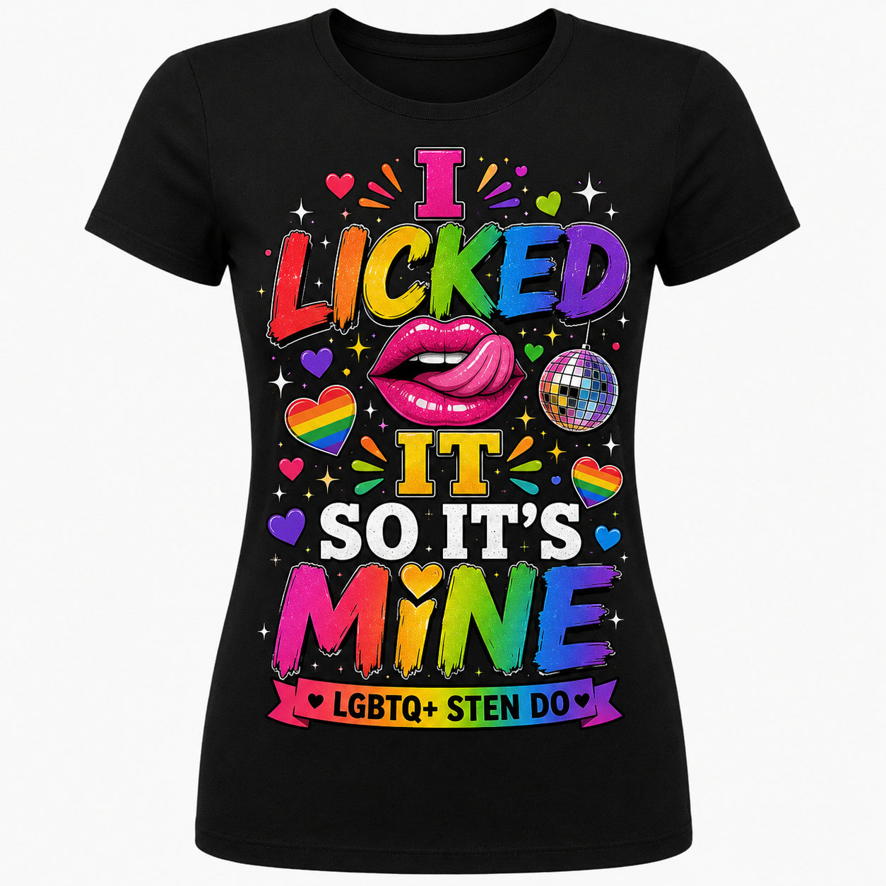 Kiss First Apologise Never LGBTQ+ sten do T-shirt – rainbow lips and disco ball graphic by maxeD-uP