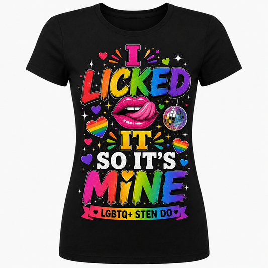 Kiss First Apologise Never LGBTQ+ sten do T-shirt – rainbow lips and disco ball graphic by maxeD-uP