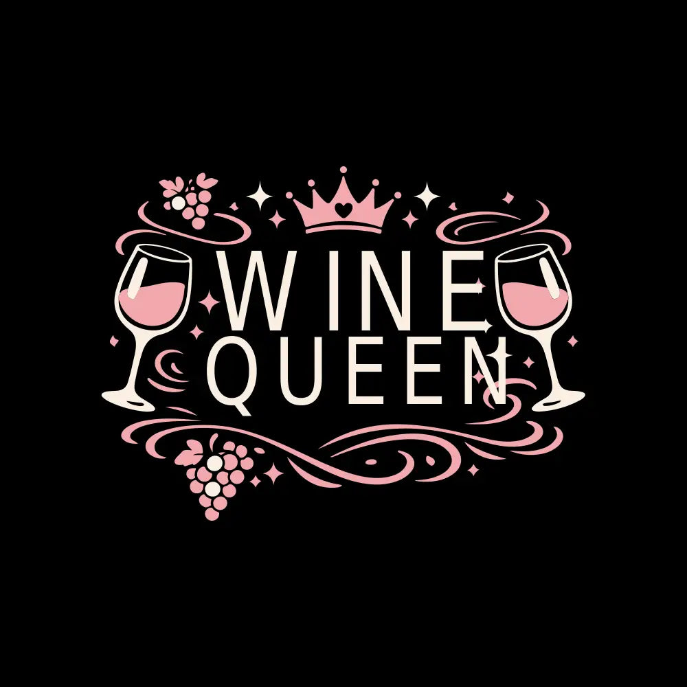 Decorative text 'Wine Queen' with wine glasses and grapes on a black background