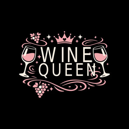 Decorative text 'Wine Queen' with wine glasses and grapes on a black background