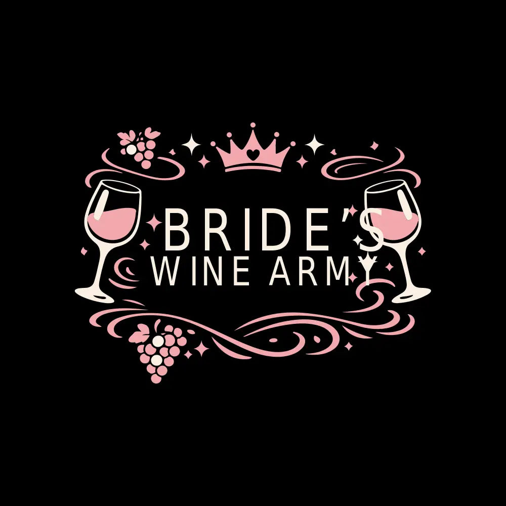 Design with 'Bride Wine Arm' text flanked by wine glasses and decorative elements on a black background