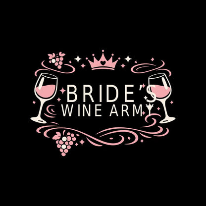 Design with 'Bride Wine Arm' text flanked by wine glasses and decorative elements on a black background