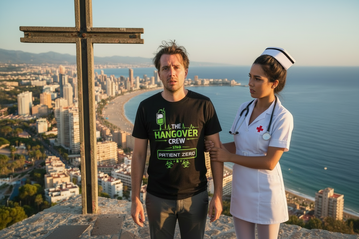 stag man lost in action being attended by a nurse in Benidorm