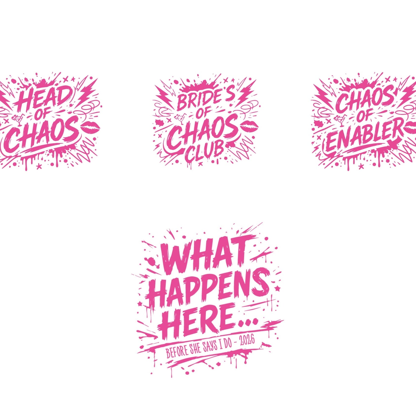 Set of pink text designs on a white background for Hen do T-shirts
