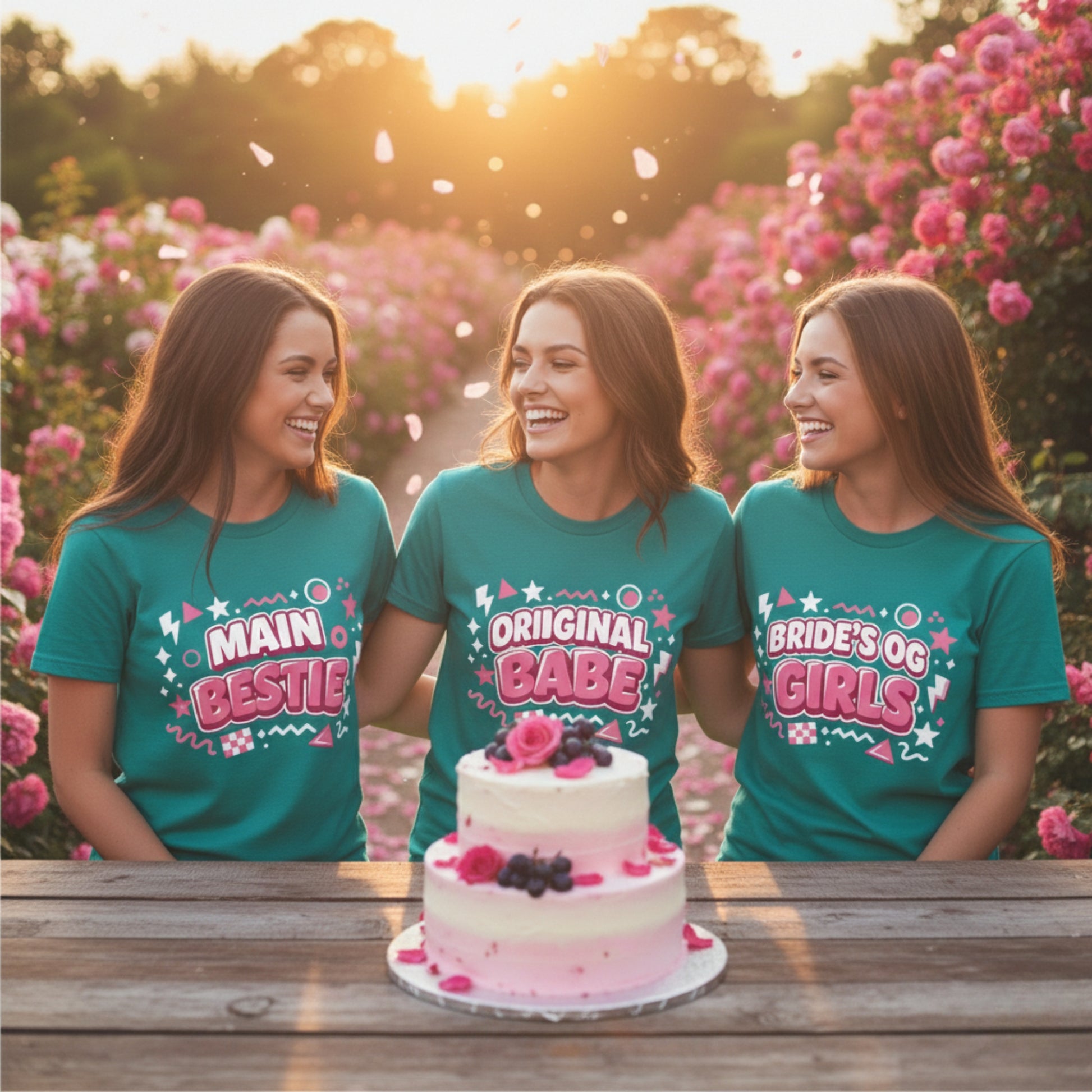 Hen party t-shirts. Three women in teal t-shirts with pink text standing behind a cake in a floral setting.