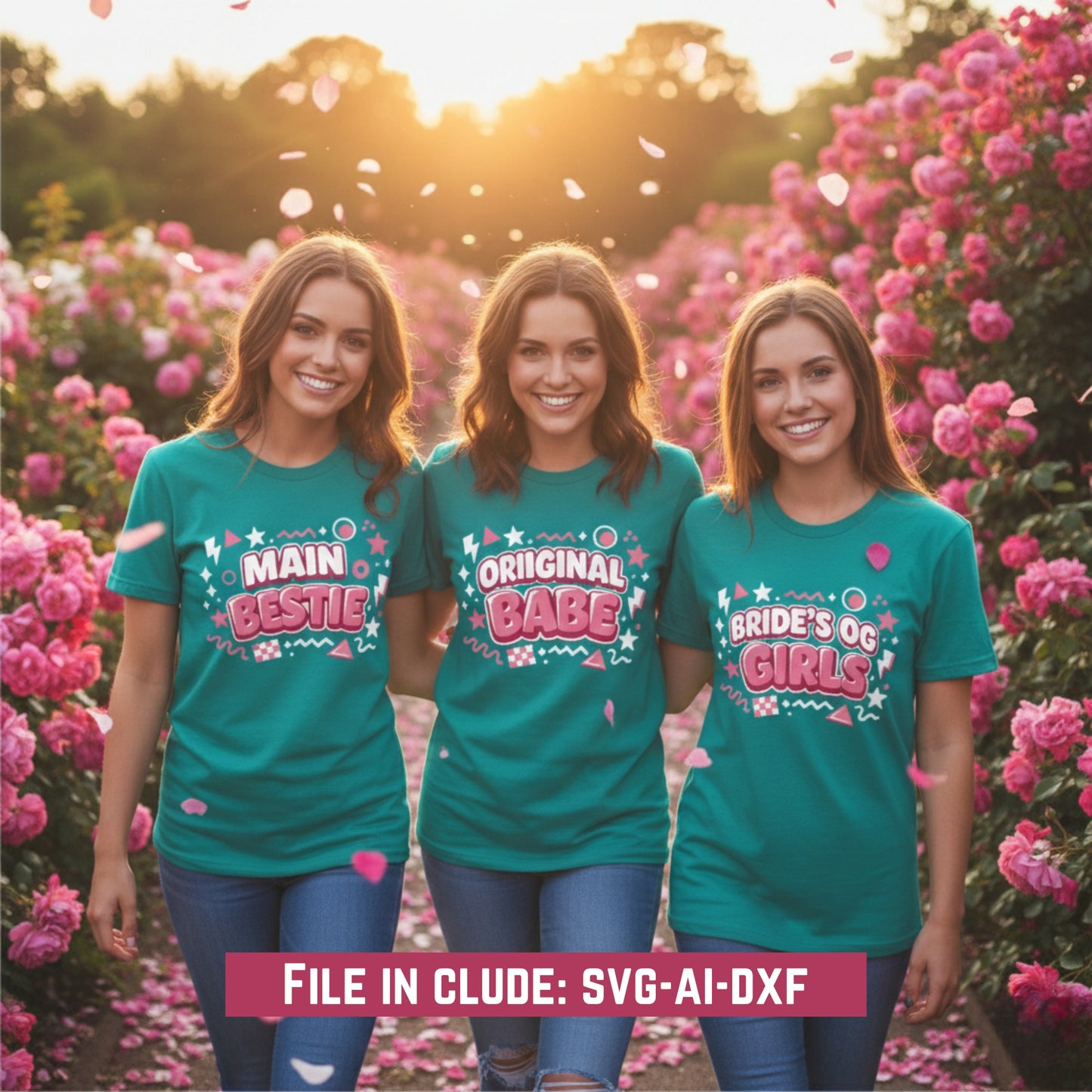Three women wearing teal t-shirts with text in a garden setting, file format indicated.