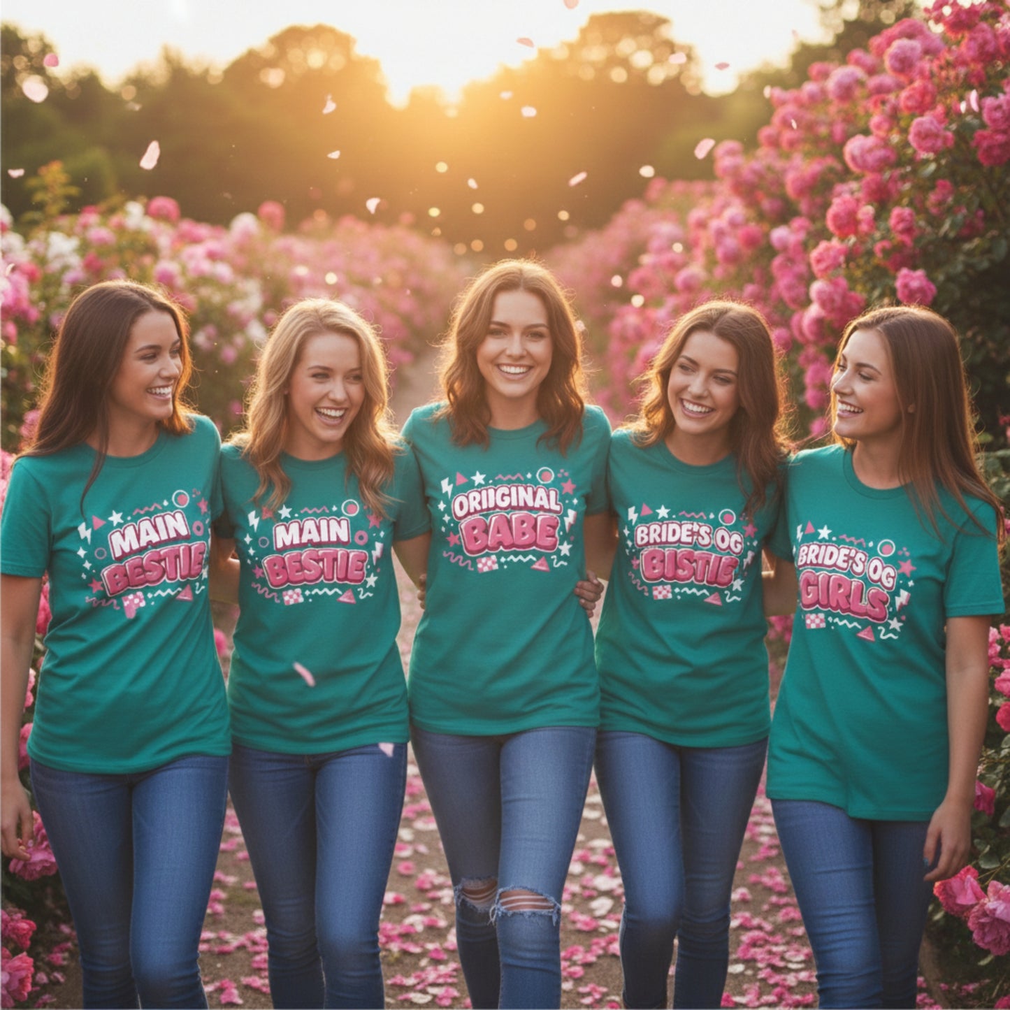 Five women in teal t-shirts standing in a field of pink flowers. Wearing fantastic hen party t-shirts