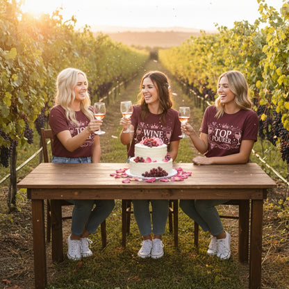 Three women in matching 'Wine Top Pourer' shirts celebrating with a cake in a vineyard.