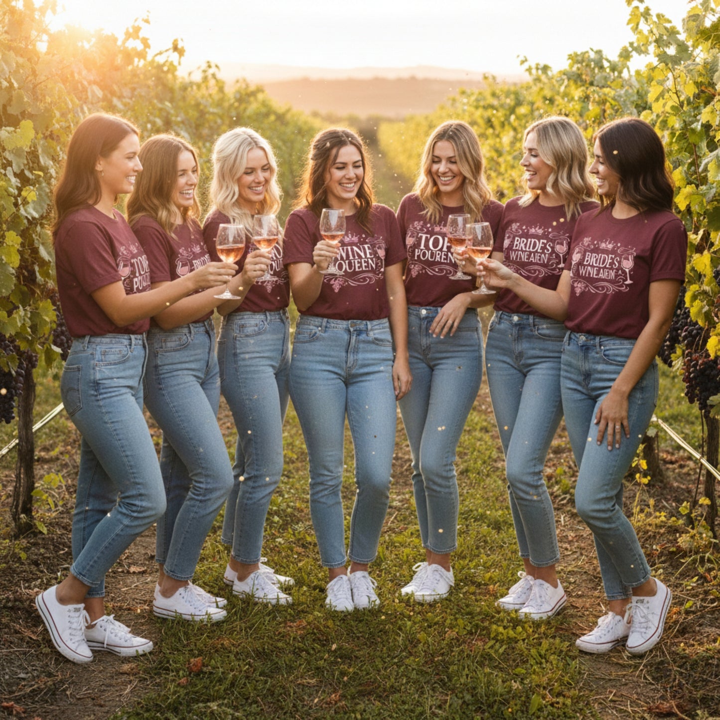 Hen Party. Group of women in matching maroon shirts and jeans standing in a vineyard.