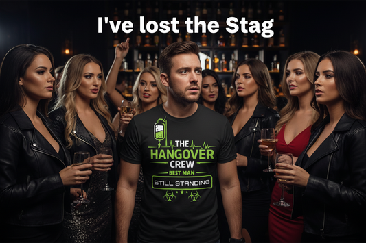 best man stood in a Benidorm bar looking lost and surrounded by nice ladies wearing a maxeD-uP stag t-shirt
