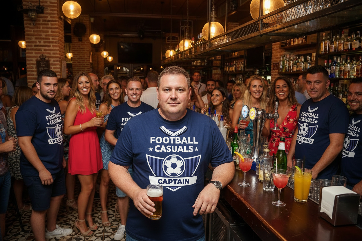 stag-party in the bar in Benidorm wearing a stag t-shirt that he brought in the uk 