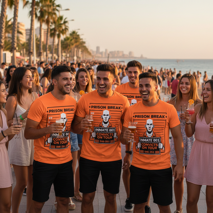 Group wearing matching Benidorm stag party convicts t-shirts on holiday