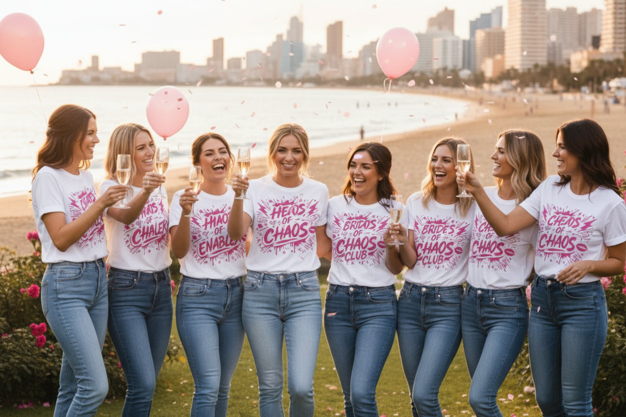 Chaos Club hen party T-shirts in Benidorm featuring bride and squad matching outfits in pink, navy and white