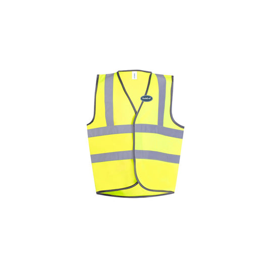 Hi-Vis RoofeD-uP Children's Waistcoat with a 60 mm RoofeD-uP badge on the wearer's left chest; shown in yellow, with yellow and orange available.