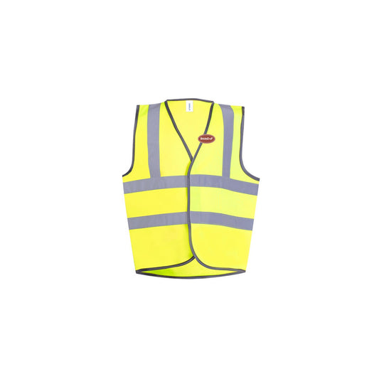 Hi-Vis BrickeD-uP Children's Waistcoat with a 60 mm BrickeD-uP badge on the wearer's left chest; shown in yellow, with yellow and orange available.
