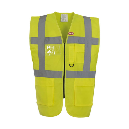 Hi-Vis BrickeD-uP Executive Waistcoat with a 60 mm BrickeD-uP badge on the wearer's left chest; shown in yellow, with yellow and orange available.