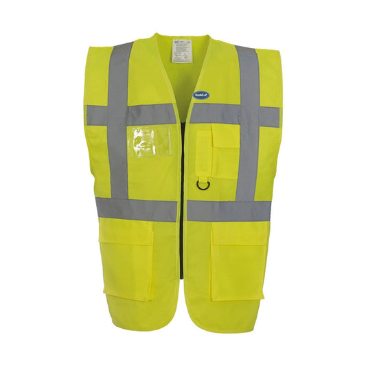 Hi-Vis RoofeD-uP Executive Waistcoat with a 60 mm RoofeD-uP badge on the wearer's left chest; shown in yellow, with yellow and orange available.