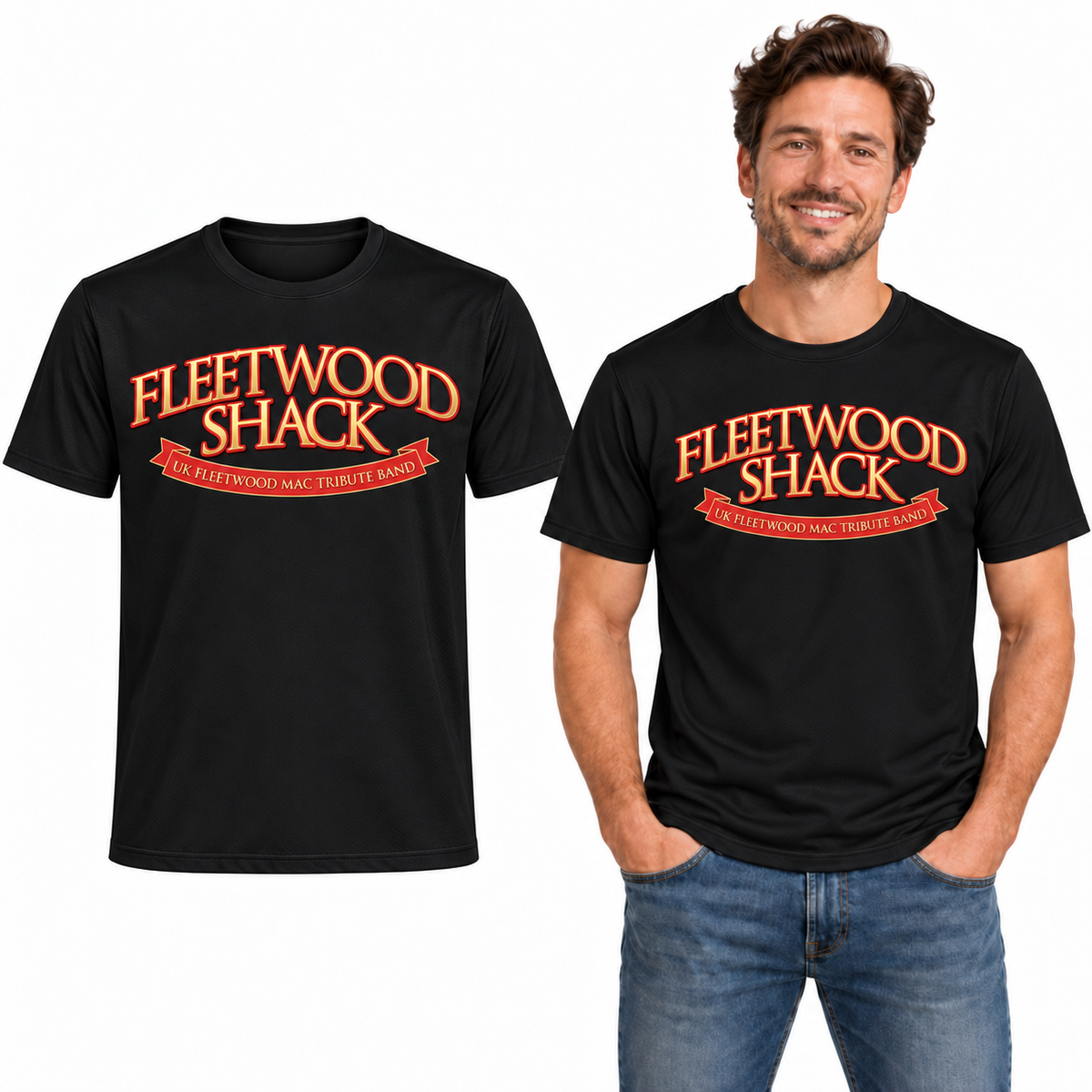Fleetwood Shack Tech T-Shirt - TriDri in Black - garment and model mockup