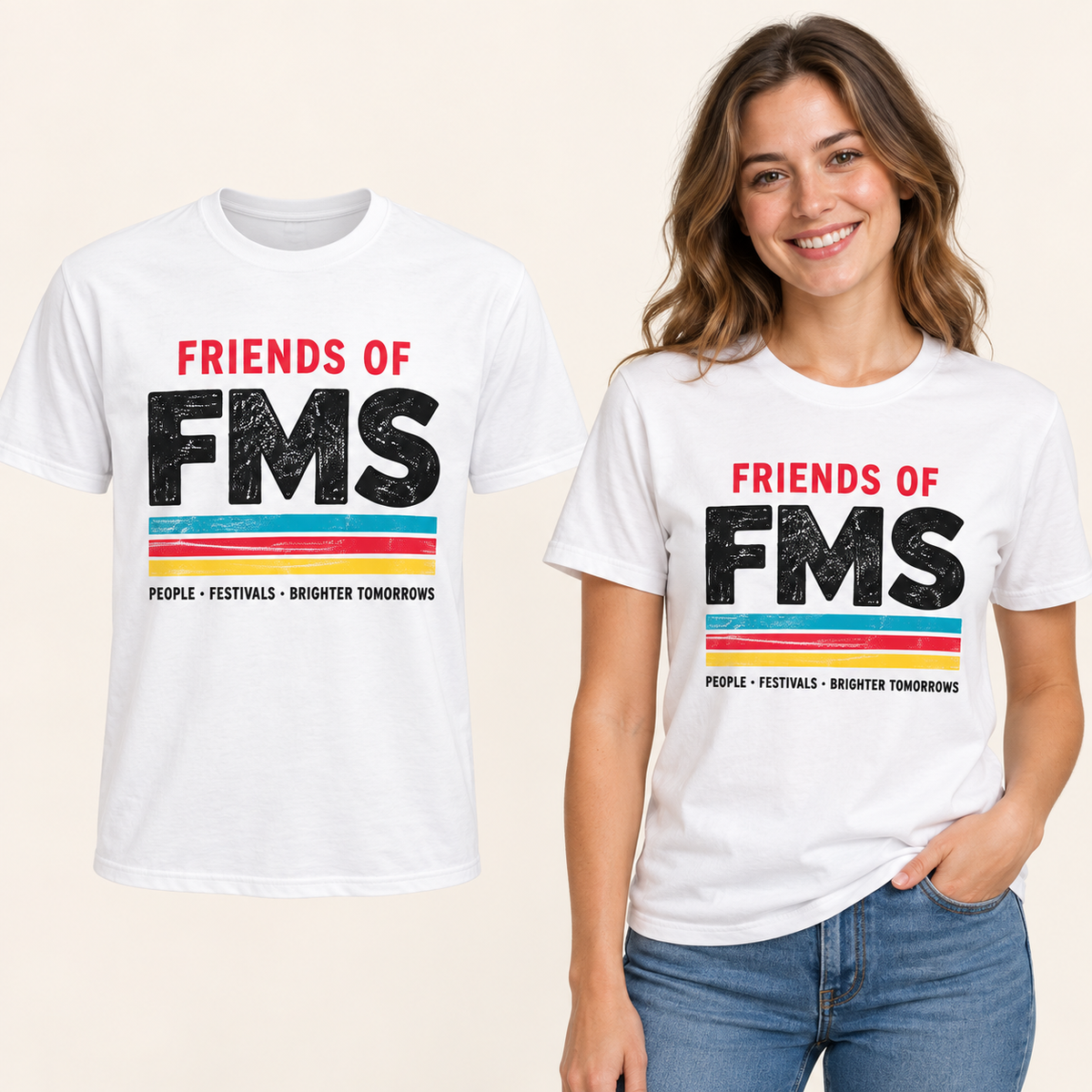 Friends of FMS front-print White T-shirt beside an adult woman wearing the same design. FMS Friends.