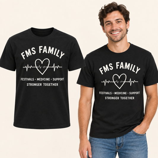FMS Family Heartbeat front-print Black T-shirt beside an adult man wearing the same design. FMS Friends.