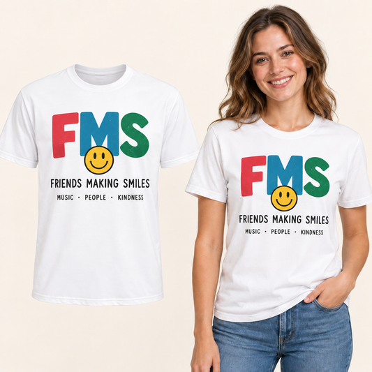 Friends Making Smiles Colourful front-print White T-shirt beside an adult woman wearing the same design. FMS Friends.