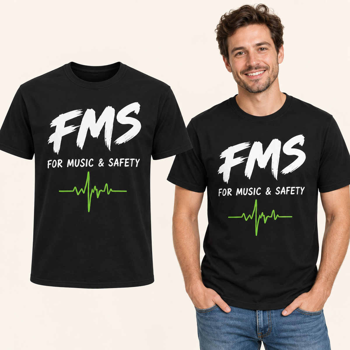 For Music & Safety Heartbeat front-print Black T-shirt beside an adult man wearing the same design. FMS Friends.