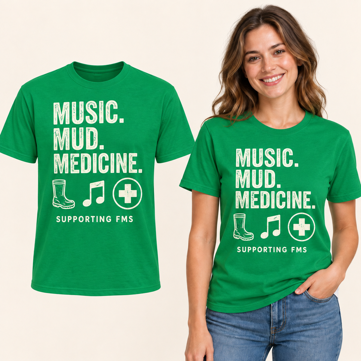Music Mud Medicine front-print Kelly Green T-shirt beside an adult woman wearing the same design. FMS Friends.