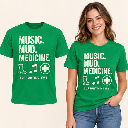 Music Mud Medicine front-print Kelly Green T-shirt beside an adult woman wearing the same design. FMS Friends.