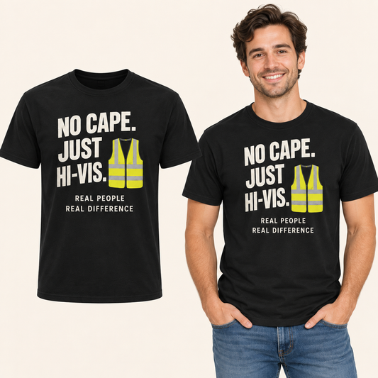 No Cape Just Hi-Vis front-print Black T-shirt beside an adult man wearing the same design. FMS Friends.